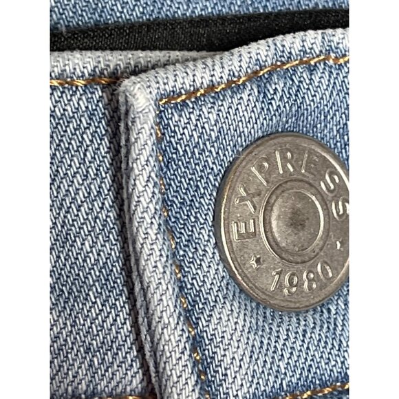 Express High Rise Shortie Denim Shorts 6 Blue Distressed Raw Hem Summer Look - Picture 7 of 8